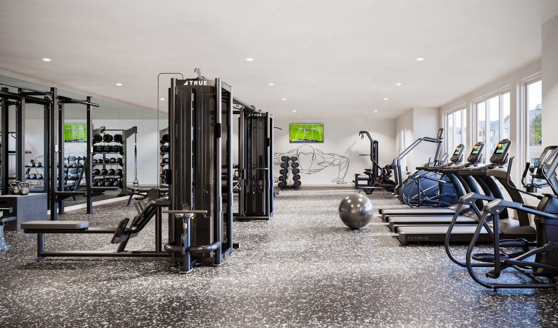 a gym room with equipment and mirrors at The  Preserve at Sycamore Creek