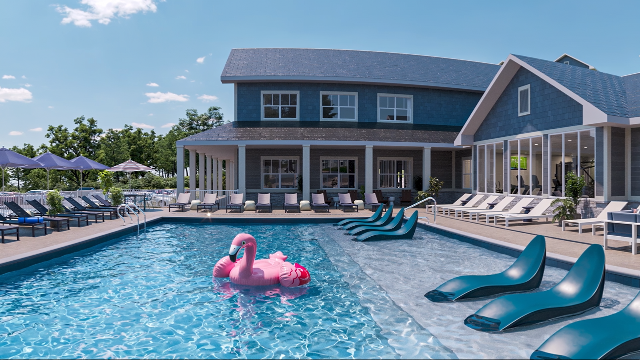 a pool with a flamingo floating in it at The  Preserve at Sycamore Creek